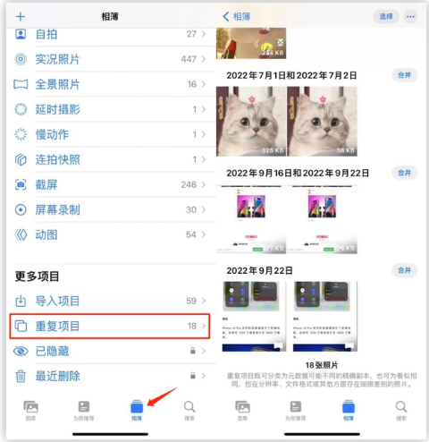 蓬莱苹果手机维修分享iOS 16 中相册重复项目功能使用方法 